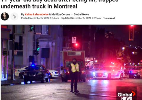 悲剧！蒙特利尔一名男童遭卡车撞击不幸身亡