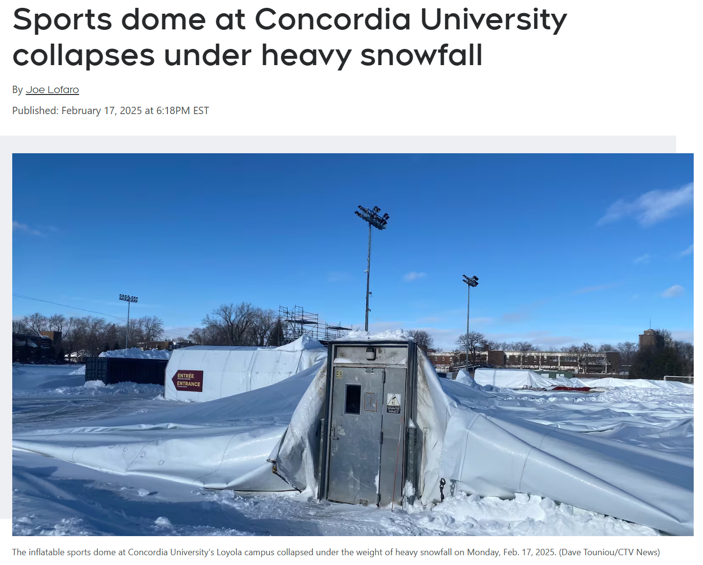 蒙特利尔康考迪亚大学体育馆因大雪坍塌，场面震撼